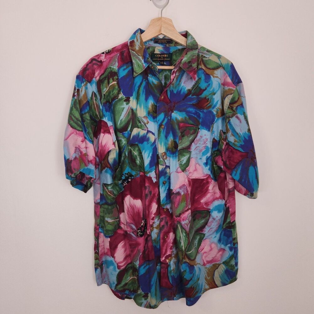 Vintage Colours By Alexander Julian Multi Flowers Hawaiian Shirt LARGE